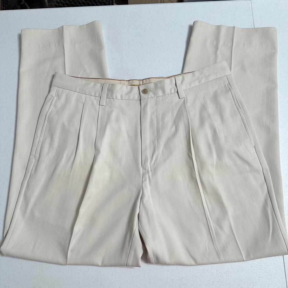 Tommy Bahama 35x32‎ Pleated Silk Blend Bamboo Rayon Chino Dress Pants Beige